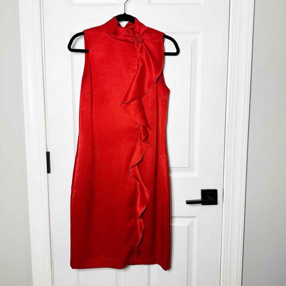 REISS Lola Satin Ruffle Mock Neck Dress Womens 6 Red Excellent Sleeveless Shift - Picture 1 of 5
